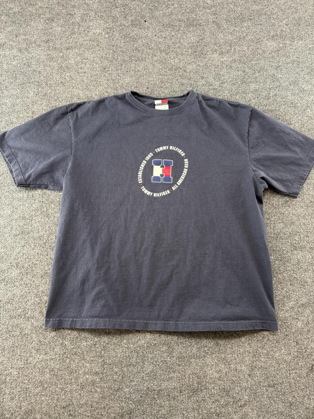 Vintage Tommy Hilfiger Shirt Mens XL Blue H Logo All American Gear Graphic Tee